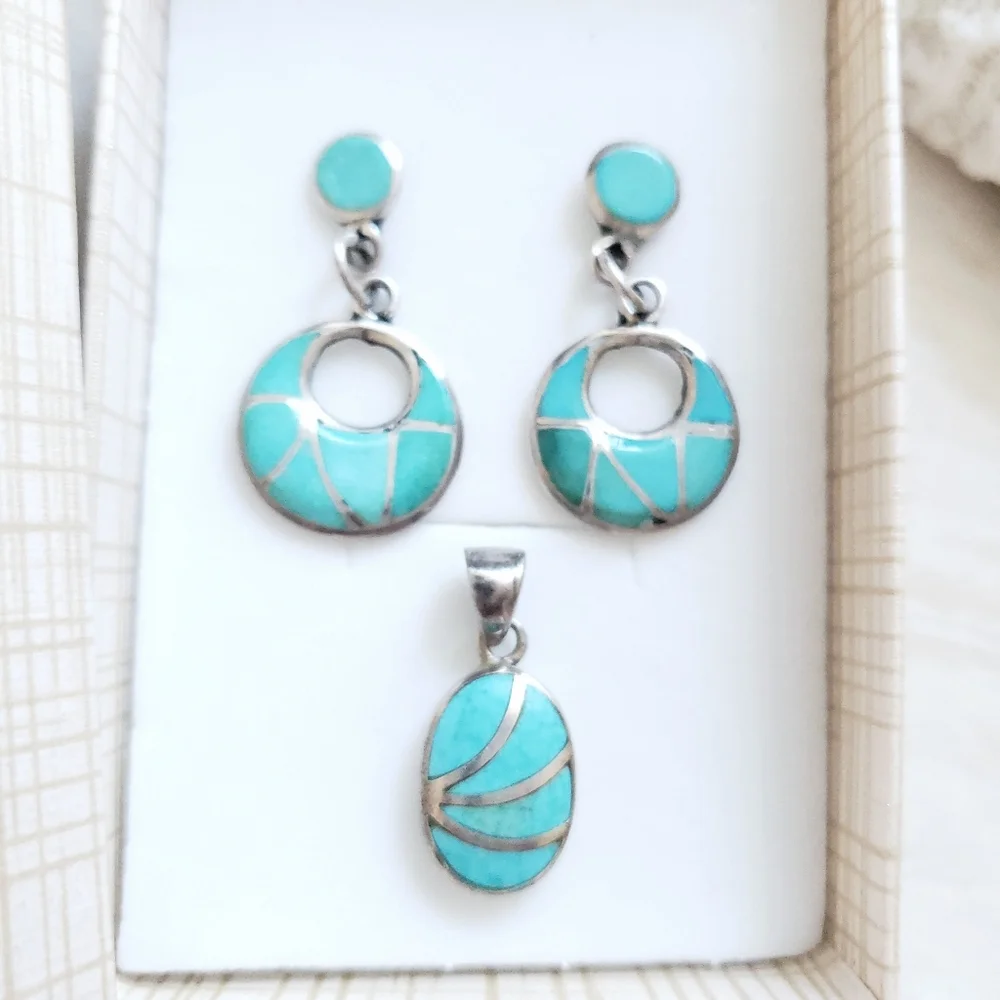 Vintage Navajo ELB BonneyTurquoise Inlay Sterling Silver Earrings & Pendant Set - Picture 2 of 4